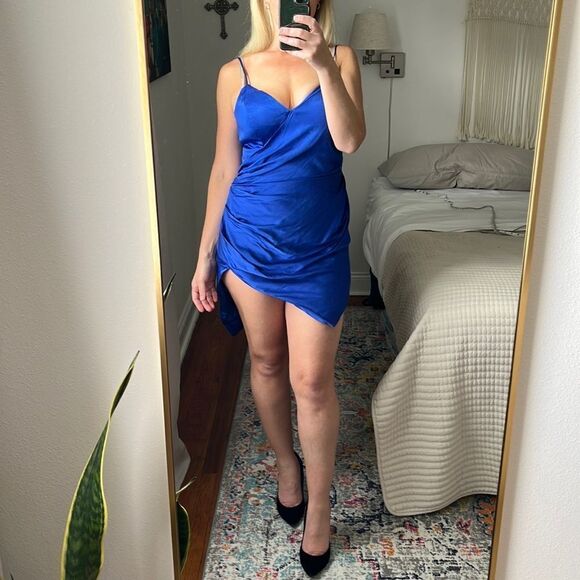 Bardot Dress Womens Large Blue Spaghetti Strap Asymmetric Hem Minidress - Picture 1 of 8